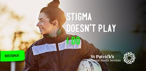 Image of a smiling female footballer with the text "Stigma doesn't play, I do" behind her