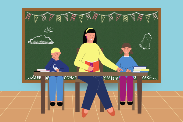This is an illustration showing a female teacher supporting two young students in a classroom setting.