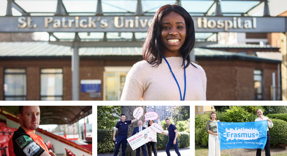 Photos from activities in St Patrick's Mental Health Services in 2021: a nurse standing at the entrance to the hospital in Dublin 8; a player from Shelbourne Football Club wearing the NoStigma campaign jersey; mental health ambassadors taking part in the WIMS Live awareness campaign; and European organisations taking part in the Better Act than React project to support young people's mental health.