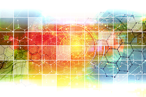 Colourful pattern showing icons relating to research, such as microscopes and graphs.