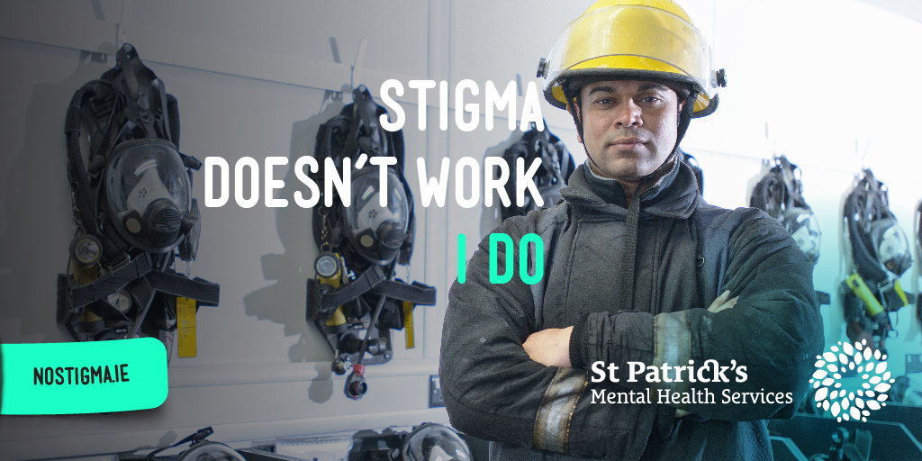Twitter card for No Stigma campaign showing fireman saying "Stigma doesn't save, I do"