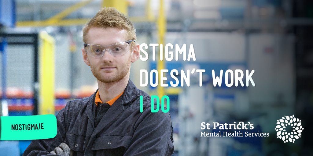 Twitter card for No Stigma campaign showing male mechanic saying "Stigma doesn't work, I do"