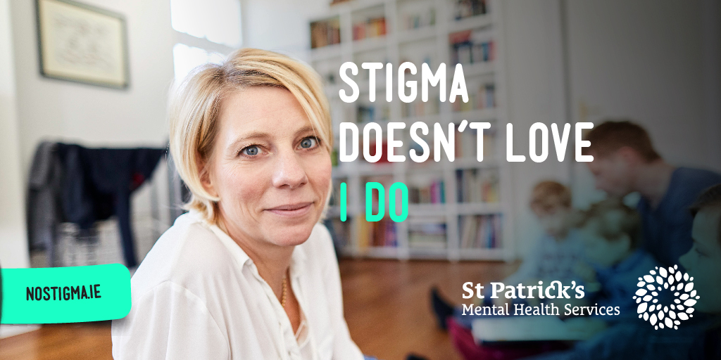 Twitter card for No Stigma campaign showing a mother at home saying "Stigma doesn't love, I do"