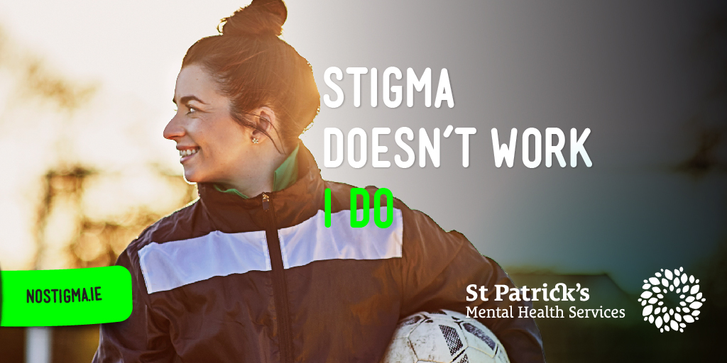 Twitter card for No Stigma card showing a female footballer player saying "Stigma doesn't play, I do"