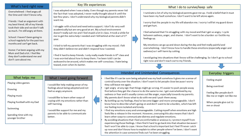 This is a flowchart for a psychological formulation of a young man with mental health difficulties.