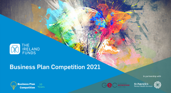 This image shows a graphic of a lightbulb in bright colours with text about the Ireland Funds Business Plan Competition.