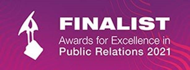 This is an image with text indicating that the #NoStigma campaign is a "Finalist: Awards for Excellence in Public Relations 2021" on a purple and pink background
