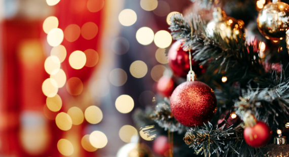 This image shows a close-up of a Christmas tree with decorations and lights.