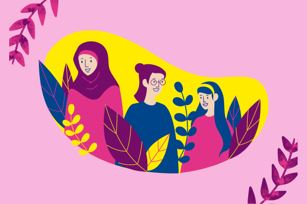 Illustration of a group of three women from different backgrounds in a natural environment