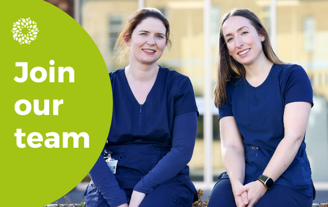 Two female psychiatric nurses sit outside St Patrick's Mental Health Services in Dublin. Text reads "Join our team".