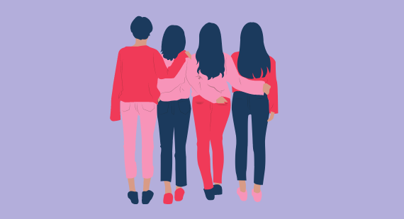 Illustration of a group of women, seen from the back, walking arm-in-arm