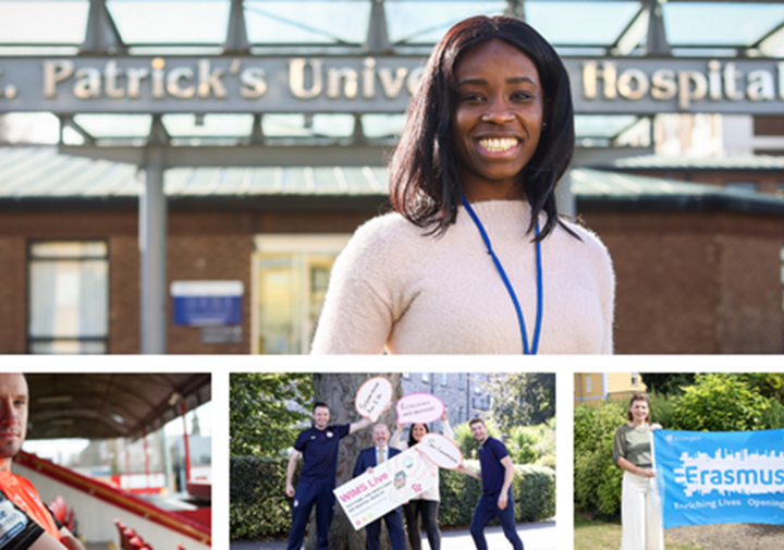 Photos from activities in St Patrick's Mental Health Services in 2021: a nurse standing at the entrance to the hospital in Dublin 8; a player from Shelbourne Football Club wearing the NoStigma campaign jersey; mental health ambassadors taking part in the WIMS Live awareness campaign; and European organisations taking part in the Better Act than React project to support young people's mental health.