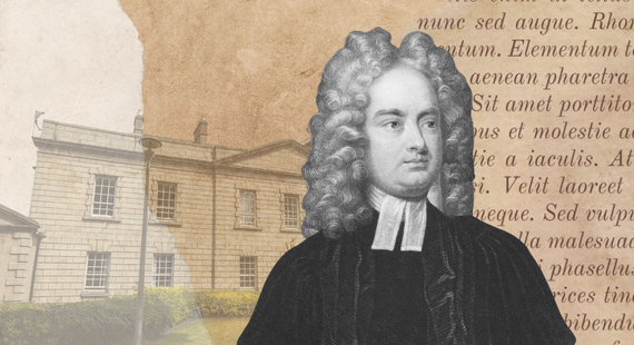 An image of the historic building of St Patrick's University Hospital in Dublin sits behind a portrait of its founder, the author and mental health pioneer Jonathan Swift.