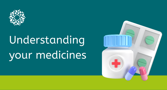 Illustration of different medications, such as tablets and medicines, with the text "Understanding your medicines" to the side