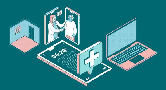 Illustrations of items relating to remote mental healthcare delivery, including a laptop, smartphone and a healthcare professional seen talking to a patient through on a desktop screen
