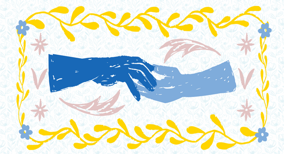 Support for Ukraine: Illustration of two hands reaching out to each other in a show of support against a pattern in the blue and yellow colours of the Ukrainian flag
