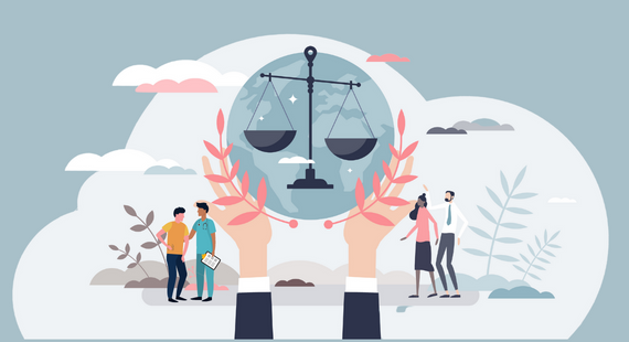 Mental health, human rights and the law: Illustration showing healthcare professionals and the general public looking towards Lady Justice, the symbol of justice and the law