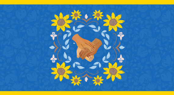 Illustration of three hands held together in a gesture support, surrounded by a ring of sunflowers to represent a symbol of Ukraine