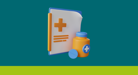 3D illustration showing a pill box in front of its medication safety leaflet