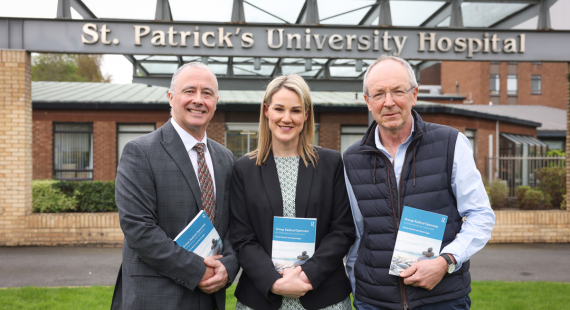 left to right: Tom Maher (Director of Services at St Patrick's Mental Health Services), Dr Rachel Egan (Principal Clinical Psychologist at St Patrick's) and Dr Richard Booth (former Director of Psychology) stand outside St Patrick's University Hospital at the launch of a book on Group Radical Openness by Dr Egan and Dr Booth