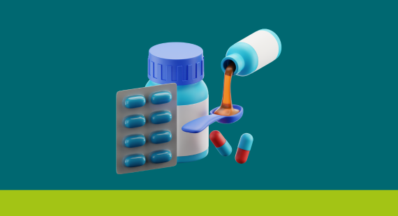 Illustration of different types of medication, showing tablets, liquid medicines and a pill bottle