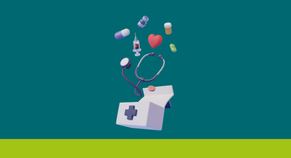 Illustration of a first aid box open with a stethoscope and a selection of different types of medicines coming out