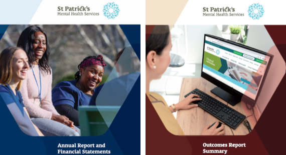 Images of the front covers of the 2022 Annual and Outcomes reports from St Patrick's Mental Health Services, showing staff members of St Patrick's at work