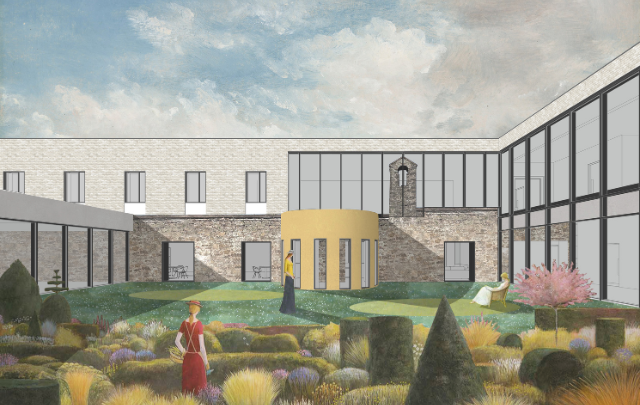 Animation showing a possible design for a new hospital on the grounds of St Patrick's Hospital Lucan, showing a modern building looking out on a therapeutic garden area