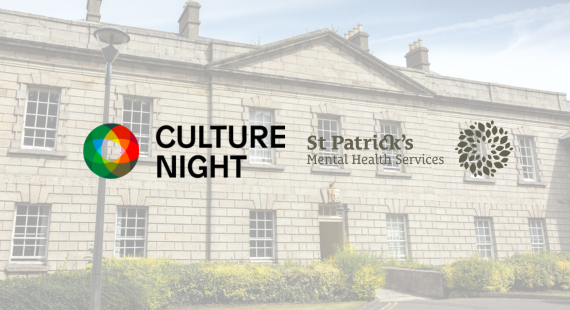 Photograph of the historic building of St Patrick's University Hospital in Dublin 8, overlaid with the St Patrick's Mental Health Services and Culture Night logos