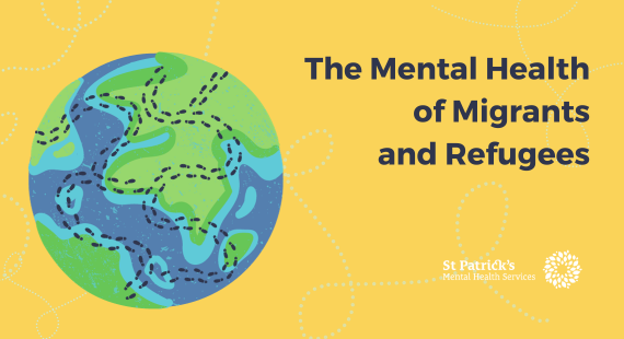 Graphic showing the globe with footprints in random patterns across it, next to text reading "The Mental Health of Migrants" and the St Patrick's Mental Health Services logo