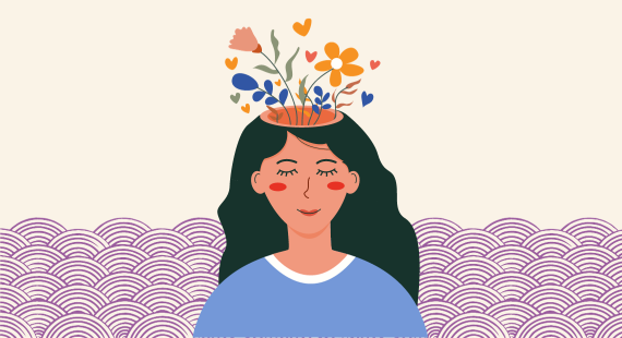 Illustration representing personal growth and mental health, showing a woman with a gentle, contented look on her face and colourful flowers growing from her hair