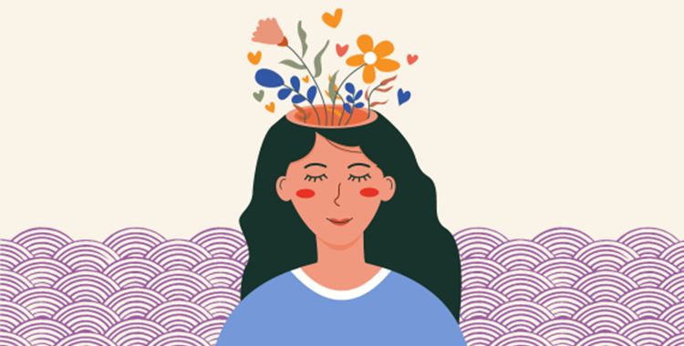 Illustration representing personal growth and mental health, showing a woman with a gentle, contented look on her face and colourful flowers growing from her hair