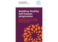 Cover of a brochure for the Building Healthy Self-Esteem Programme from St Patrick's Mental Health Services, showing the leaf motif of the St Patrick's logo against a burgundy background