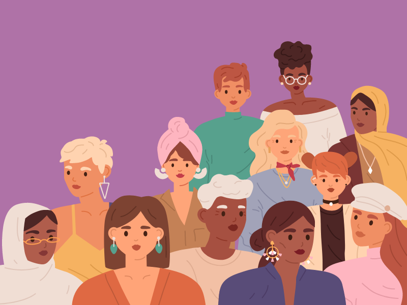 Illustration of a group of women of different ethnicities and backgrounds standing together